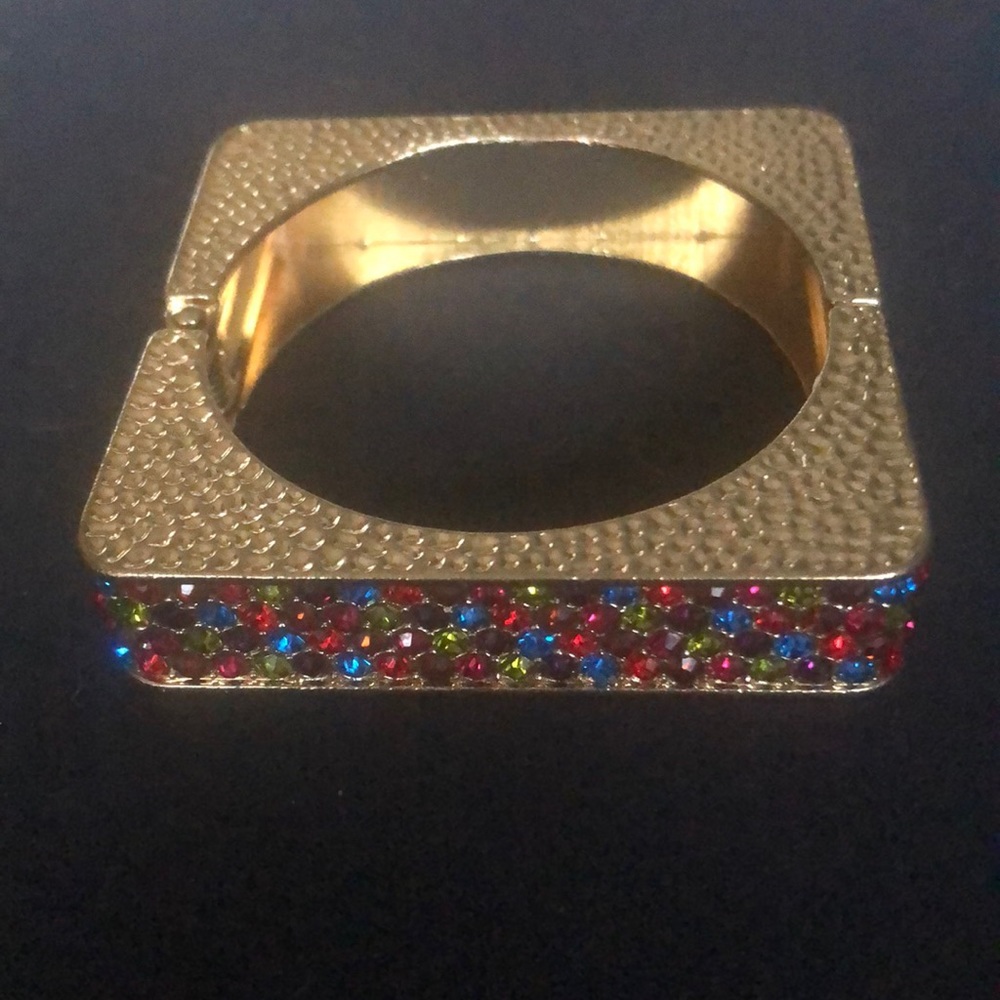 Vintage square hinged bracelet - gold tone with colorful crystals